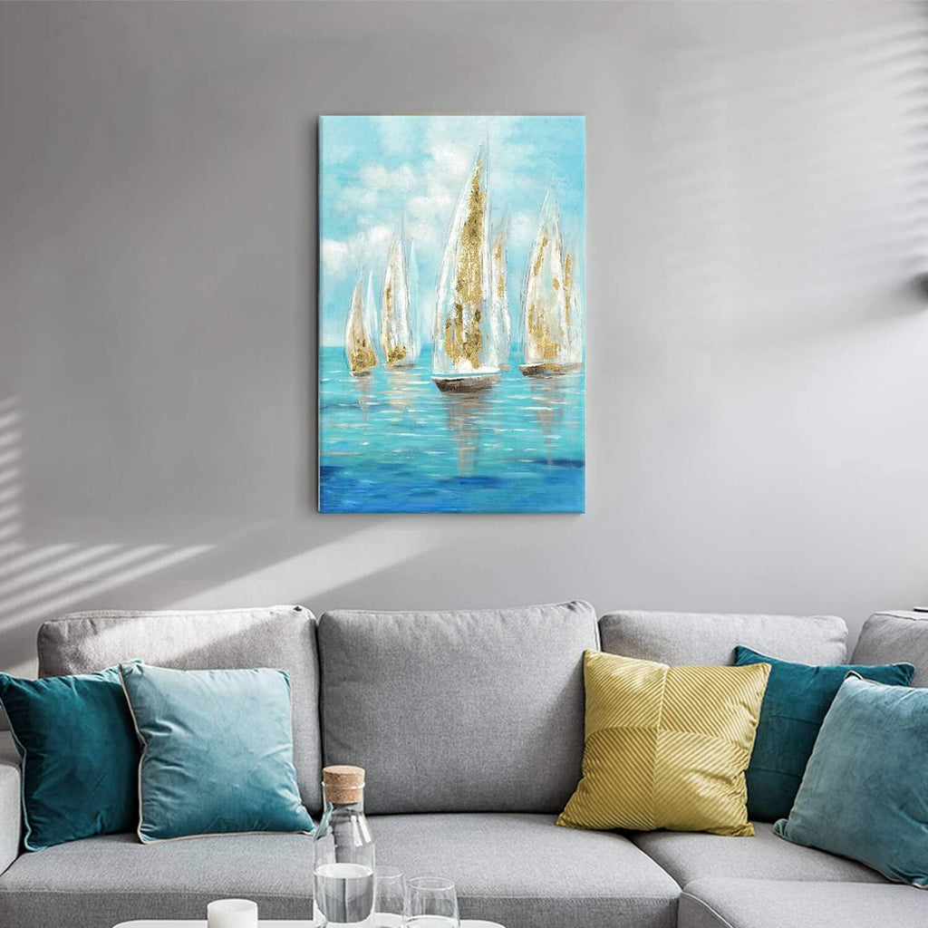Utop-Art Marine Paintings Sailing Boats Wall Art: Sailboat Seaview Canvas Artwork with Golden Foil Embellishment Ocean Decorations for Office (36 '' X 24''X1Panel)