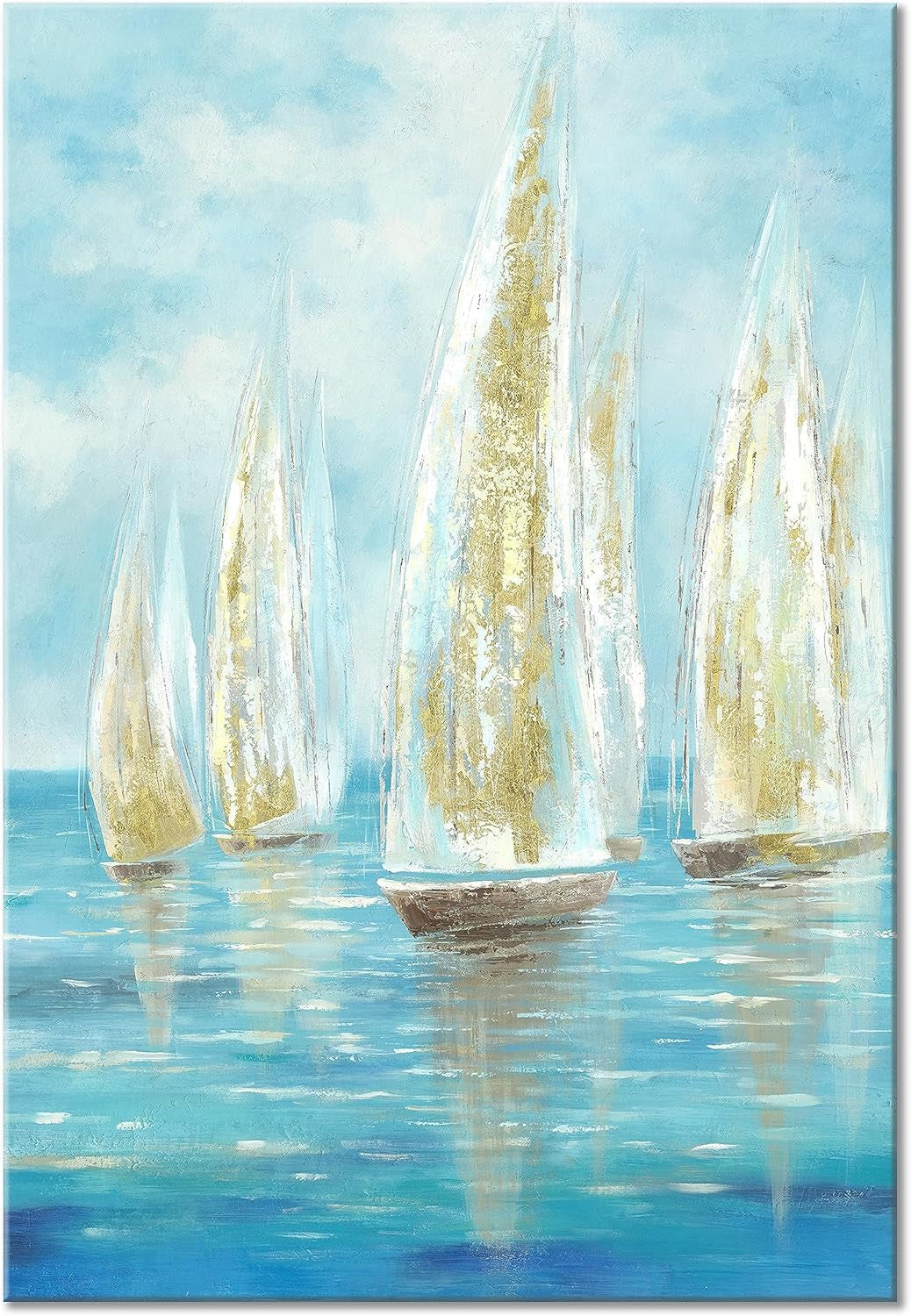 Utop-Art Marine Paintings Sailing Boats Wall Art: Sailboat Seaview Canvas Artwork with Golden Foil Embellishment Ocean Decorations for Office (36 '' X 24''X1Panel)