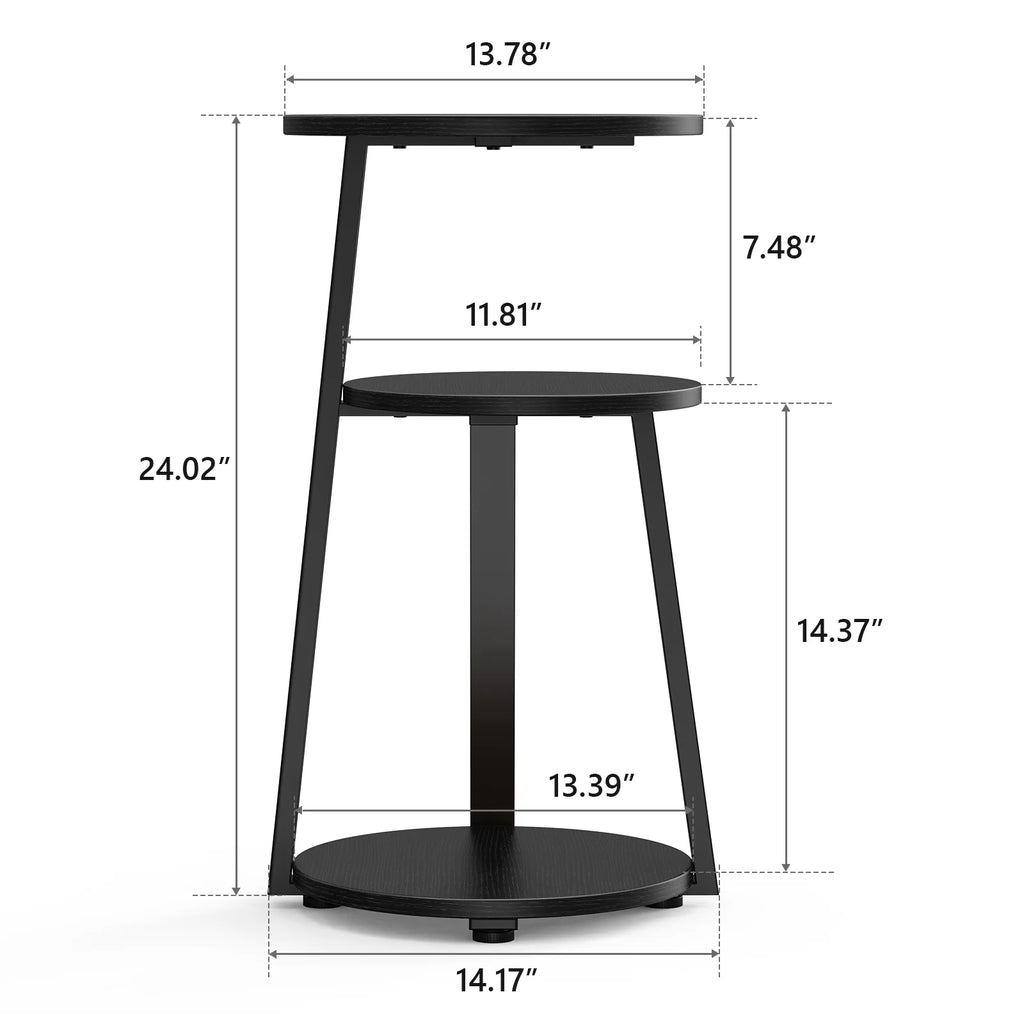 End Side Table, round Sofa Table with Metal Frame, 3-Tier Coffee Table Nightstand for Home, Black