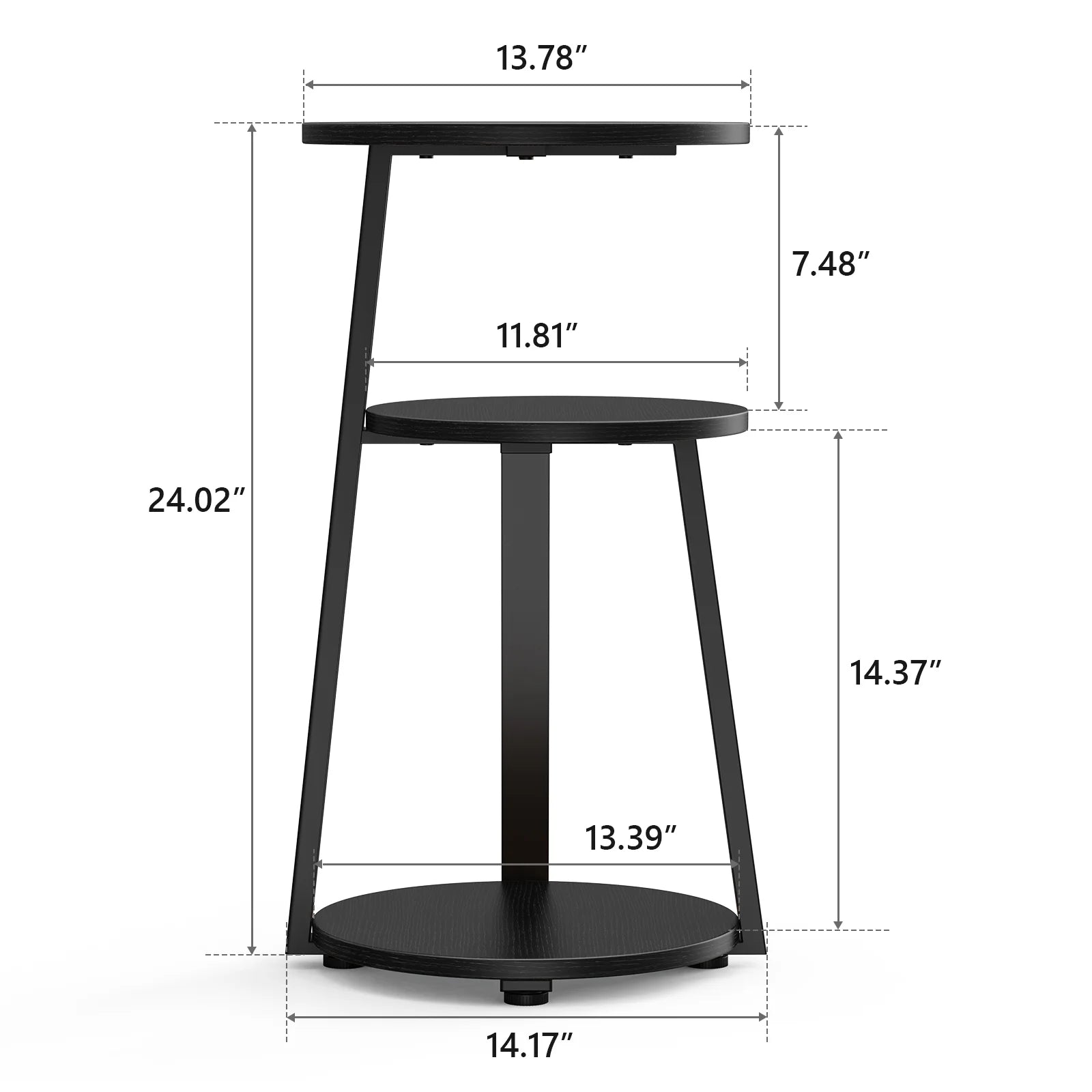 End Side Table, round Sofa Table with Metal Frame, 3-Tier Coffee Table Nightstand for Home, Black