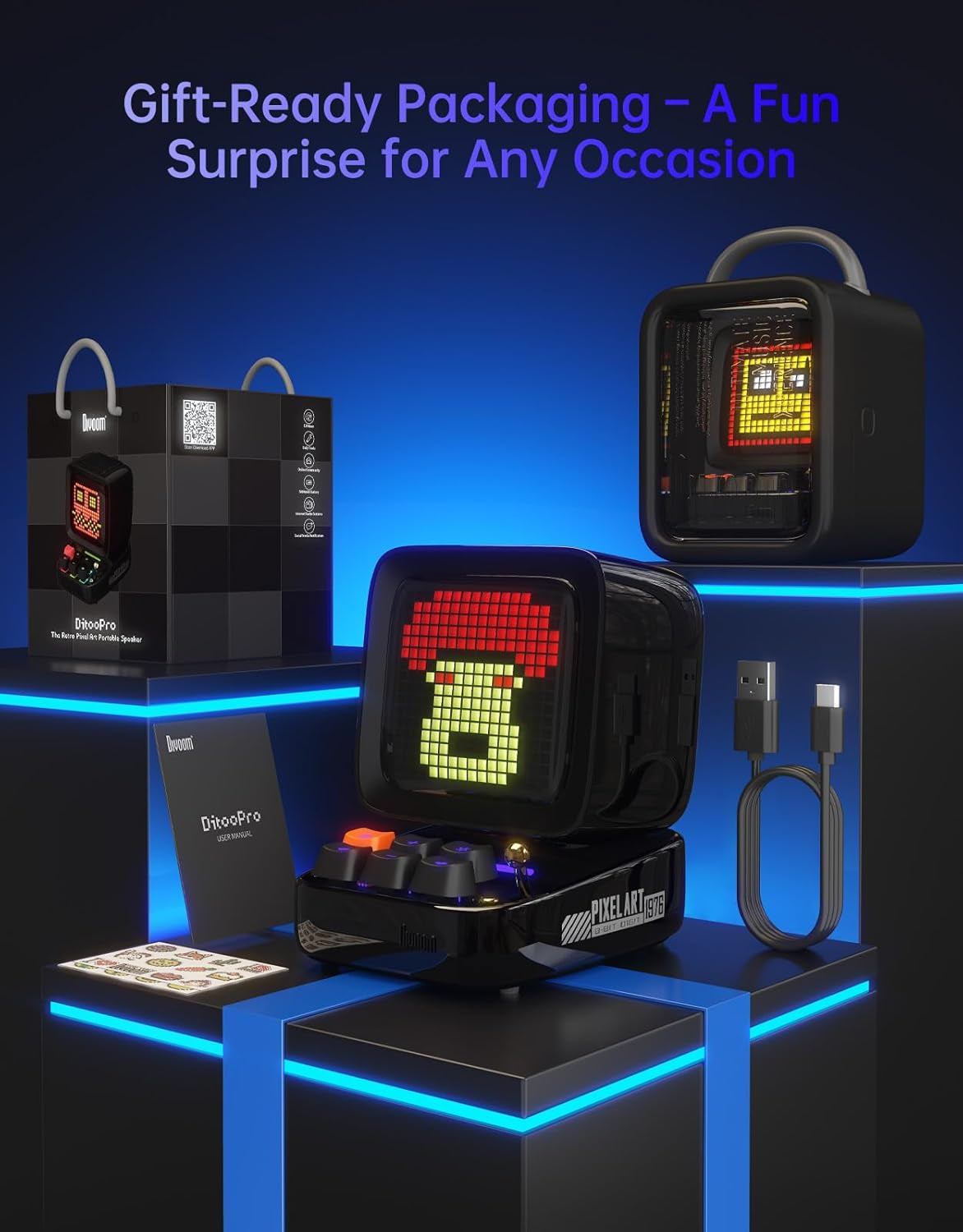 Divoom Ditoo Retro Pixel Art Game Bluetooth Speaker with 16X16 LED App Controlled Front Screen (Black)