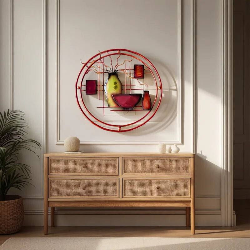 Metal Abstract Multi Colored Wall Decor with Vase Details