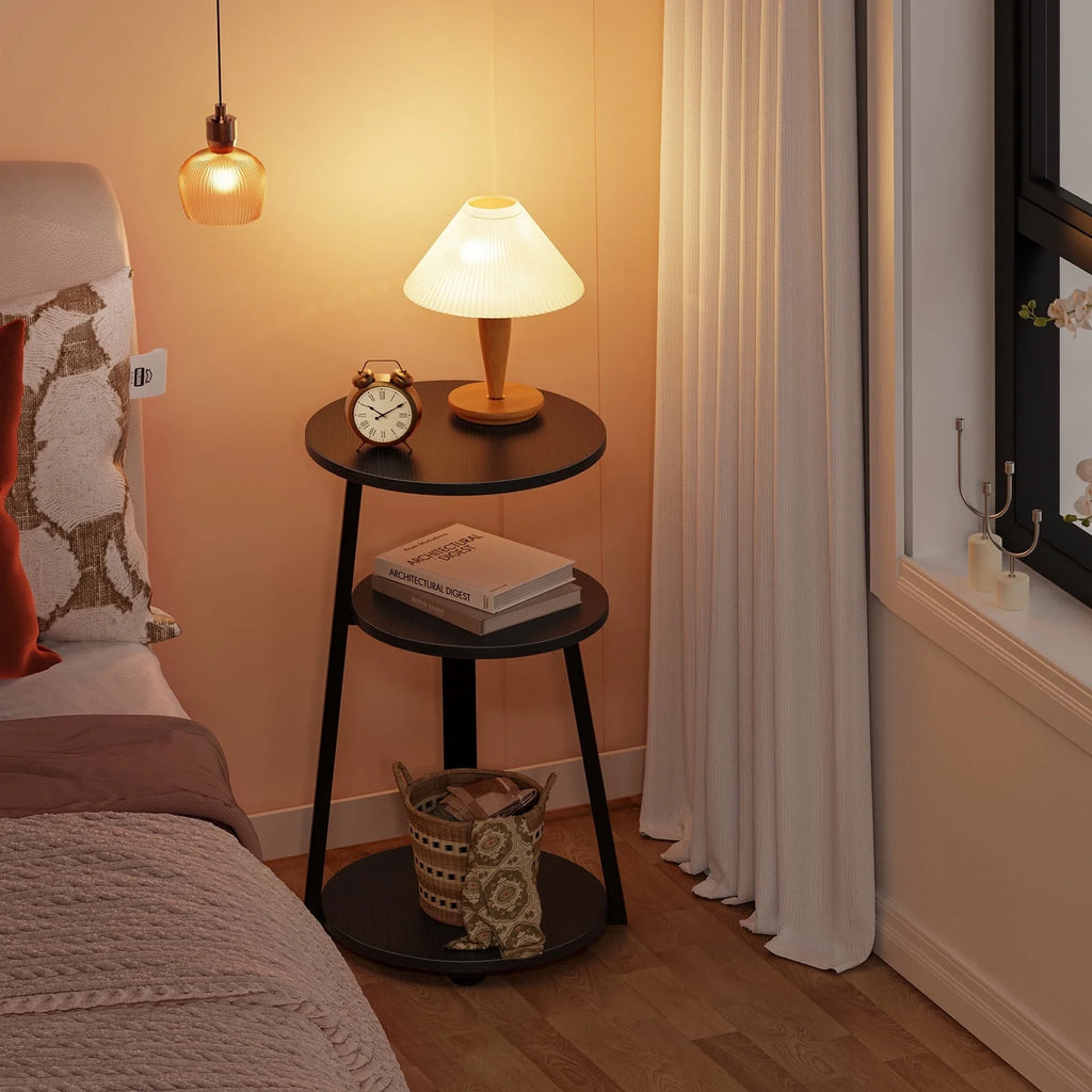 End Side Table, round Sofa Table with Metal Frame, 3-Tier Coffee Table Nightstand for Home, Black