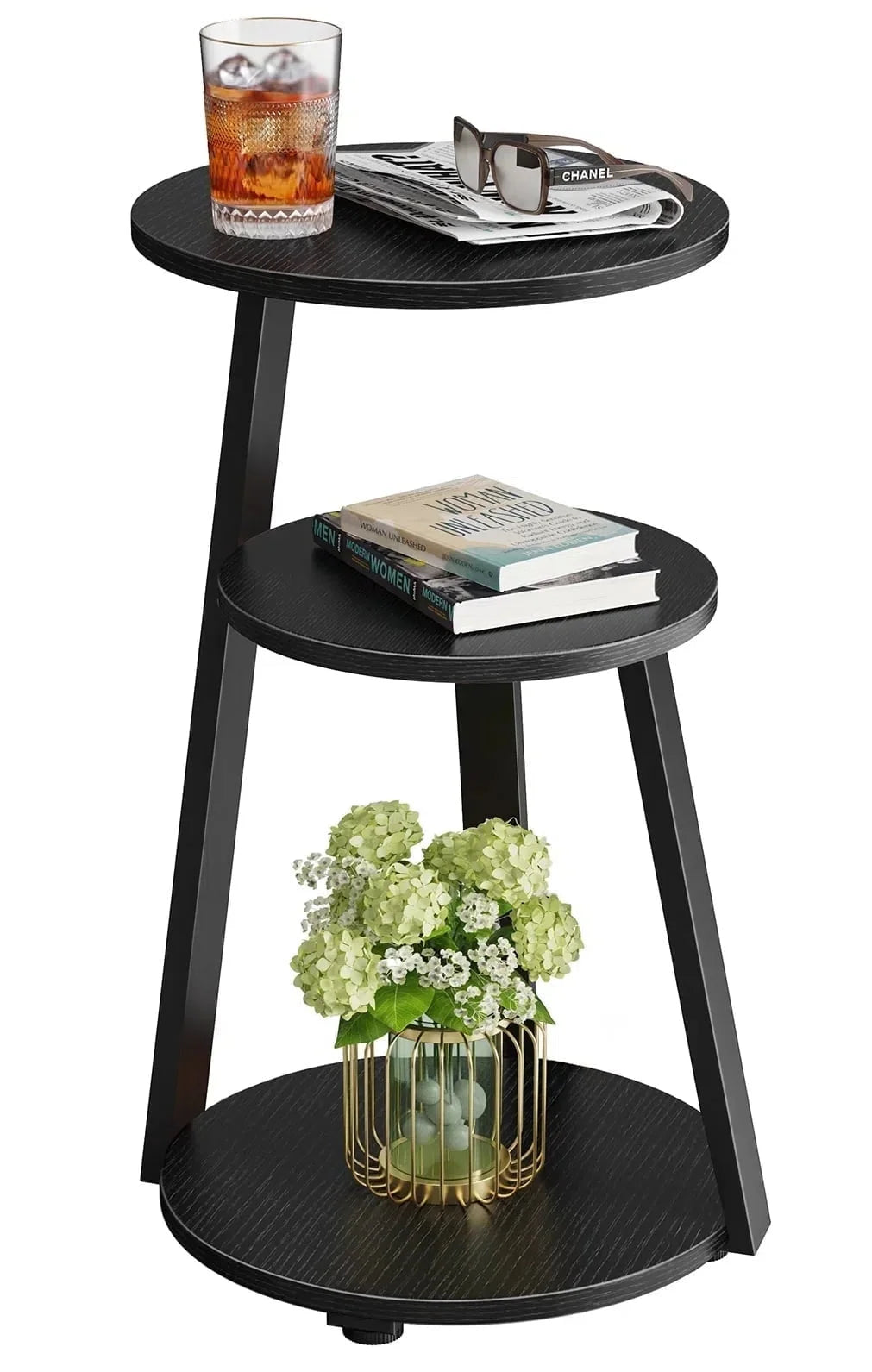 End Side Table, round Sofa Table with Metal Frame, 3-Tier Coffee Table Nightstand for Home, Black