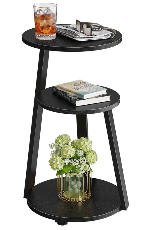 End Side Table, round Sofa Table with Metal Frame, 3-Tier Coffee Table Nightstand for Home, Black