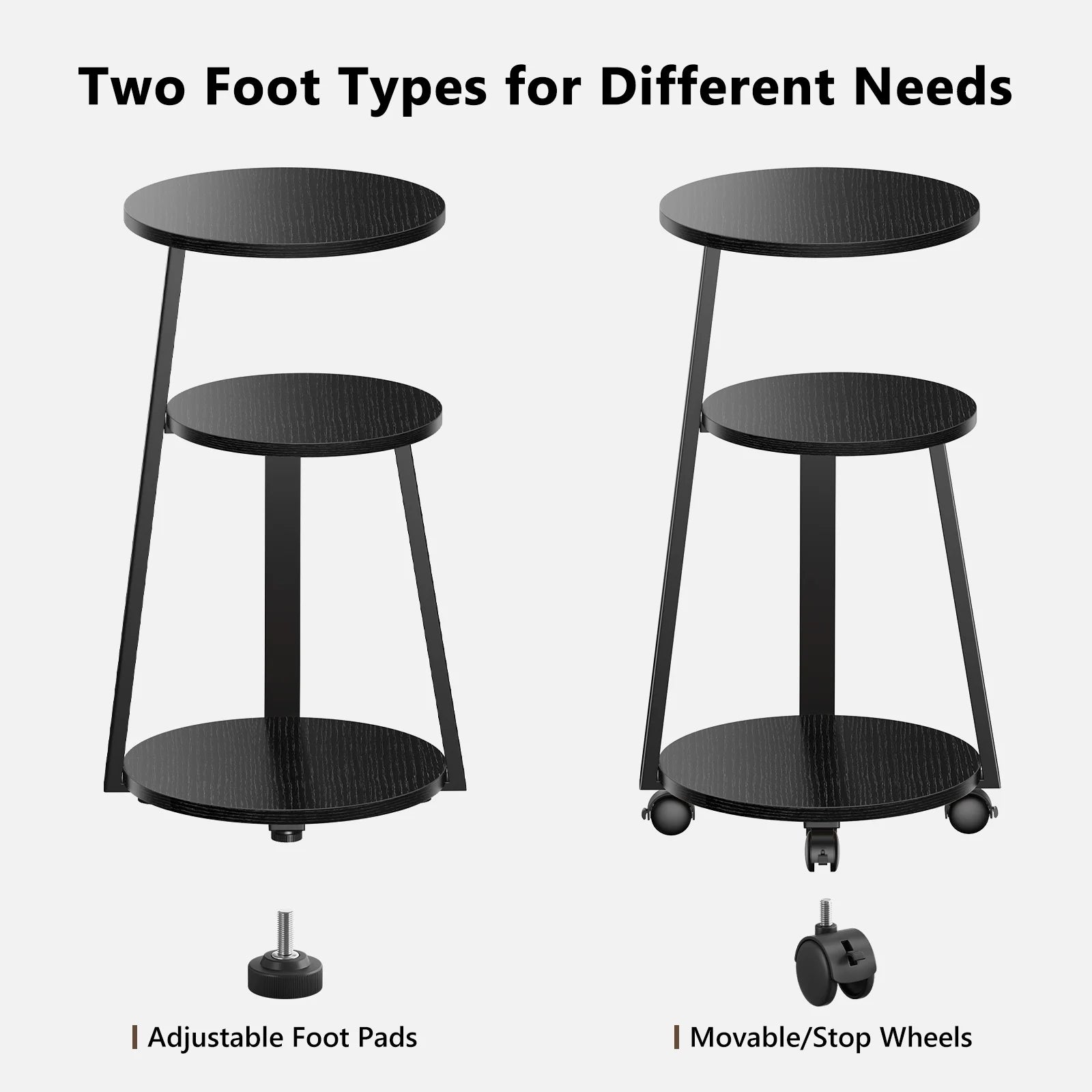 End Side Table, round Sofa Table with Metal Frame, 3-Tier Coffee Table Nightstand for Home, Black