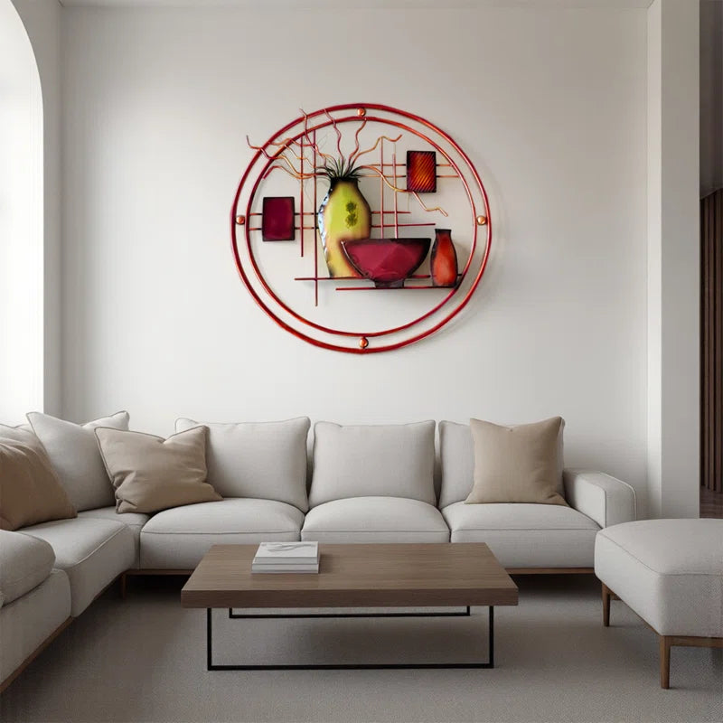 Metal Abstract Multi Colored Wall Decor with Vase Details
