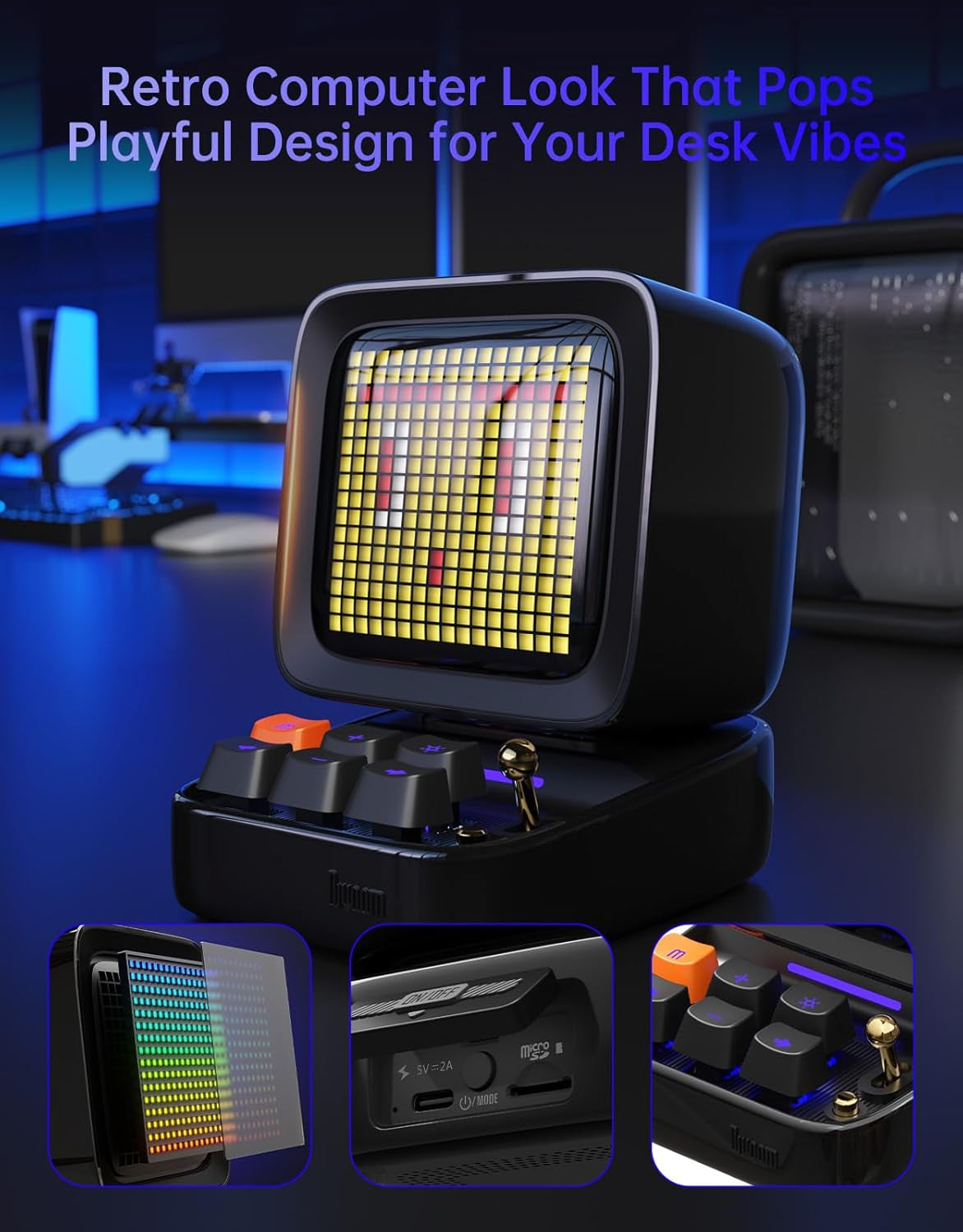 Divoom Ditoo Retro Pixel Art Game Bluetooth Speaker with 16X16 LED App Controlled Front Screen (Black)