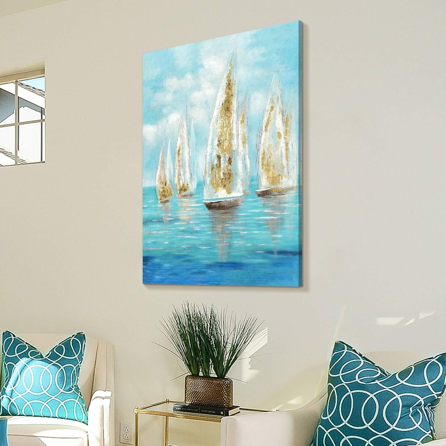 Utop-Art Marine Paintings Sailing Boats Wall Art: Sailboat Seaview Canvas Artwork with Golden Foil Embellishment Ocean Decorations for Office (36 '' X 24''X1Panel)