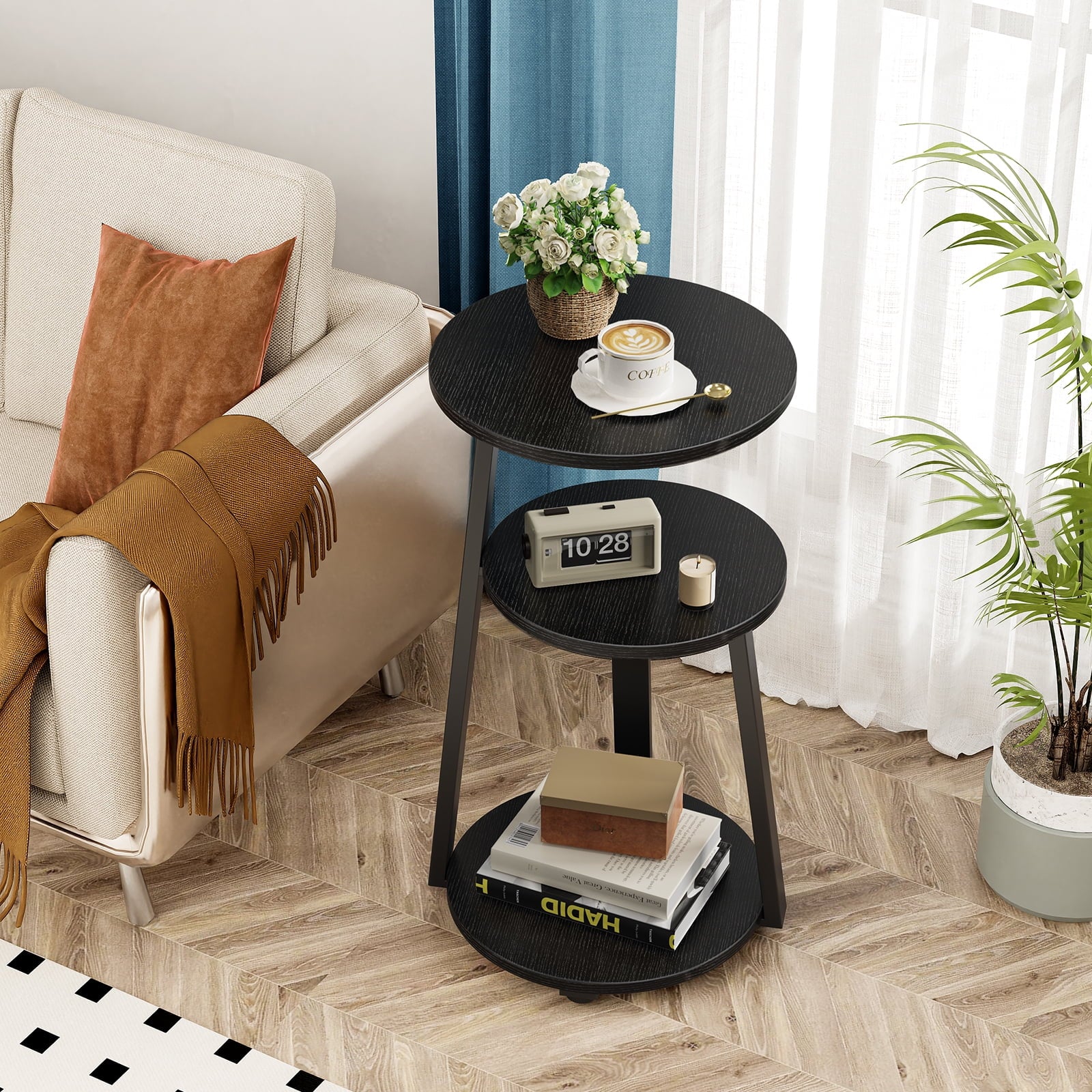 End Side Table, round Sofa Table with Metal Frame, 3-Tier Coffee Table Nightstand for Home, Black